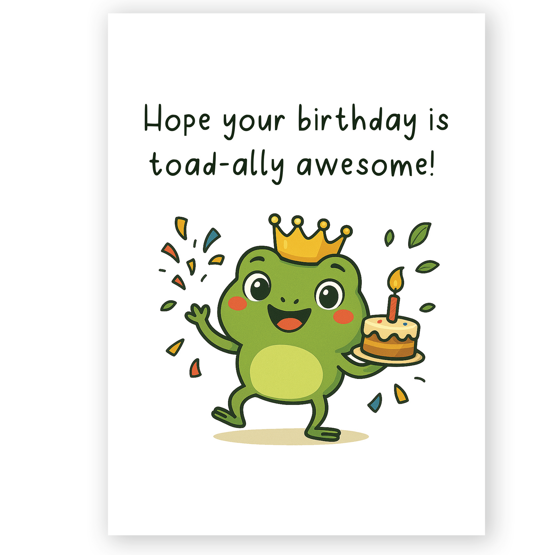 Cute frog birthday card with crown and cake