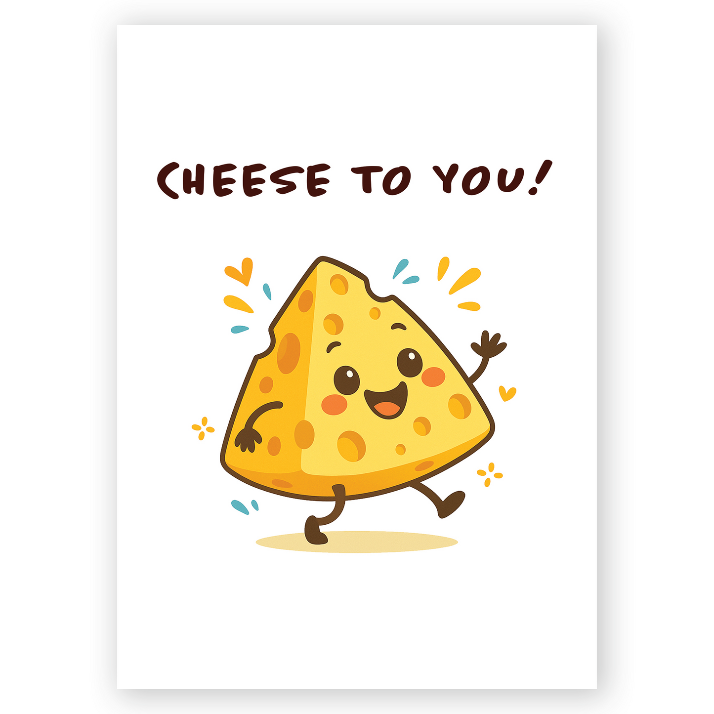Cute cheese character birthday card featuring a smiling wedge of cheese waving happily with playful confetti accents. The design uses warm yellow tones and fun food pun humor, making it perfect for a cheerful birthday greeting.