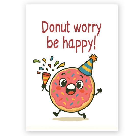 Cute donut birthday card with party hat and confetti