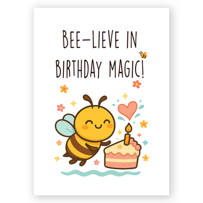 Cute birthday card illustration of a smiling cartoon bee floating next to a slice of cake with a lit candle and heart decoration. The soft pastel colors and playful details create a sweet and magical birthday mood.