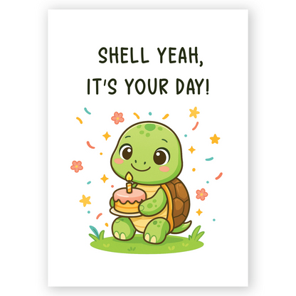 Cute birthday card illustration of a smiling cartoon turtle holding a small cake with a candle. Colorful confetti and flowers surround the turtle, creating a soft and joyful birthday mood.