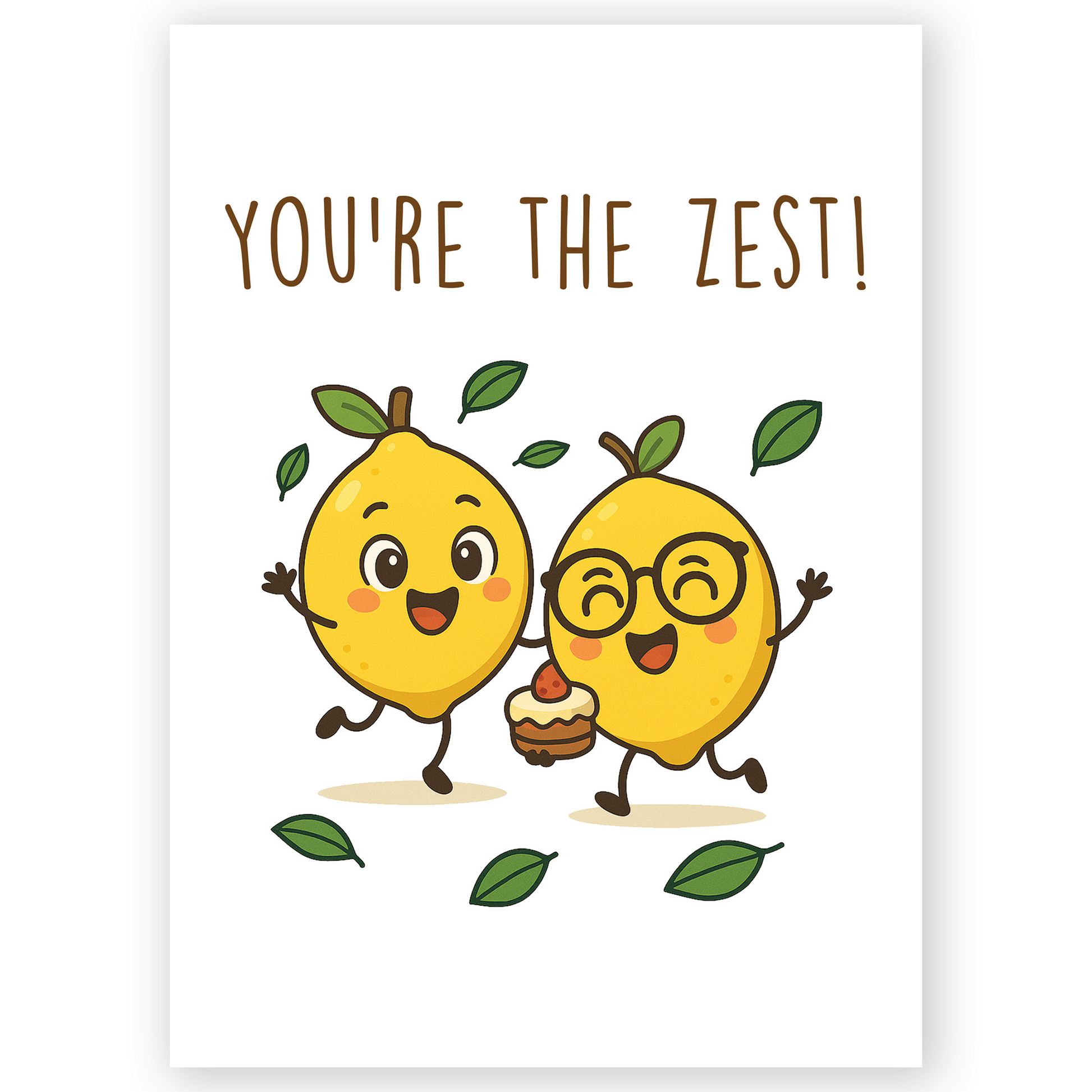 Cute lemon birthday card with two smiling lemons and cake