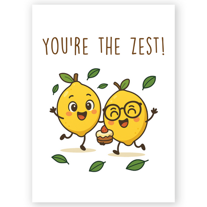 Cute lemon birthday card with two smiling lemons and cake