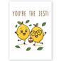 Cute lemon birthday card with two smiling lemons and cake