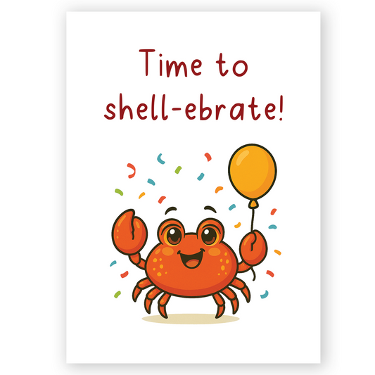 Cute crab birthday card holding balloon