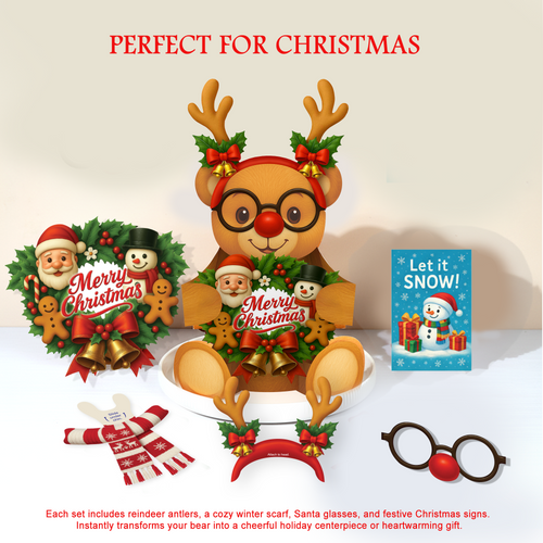 Christmas-themed reindeer decoration with accessories on a white background