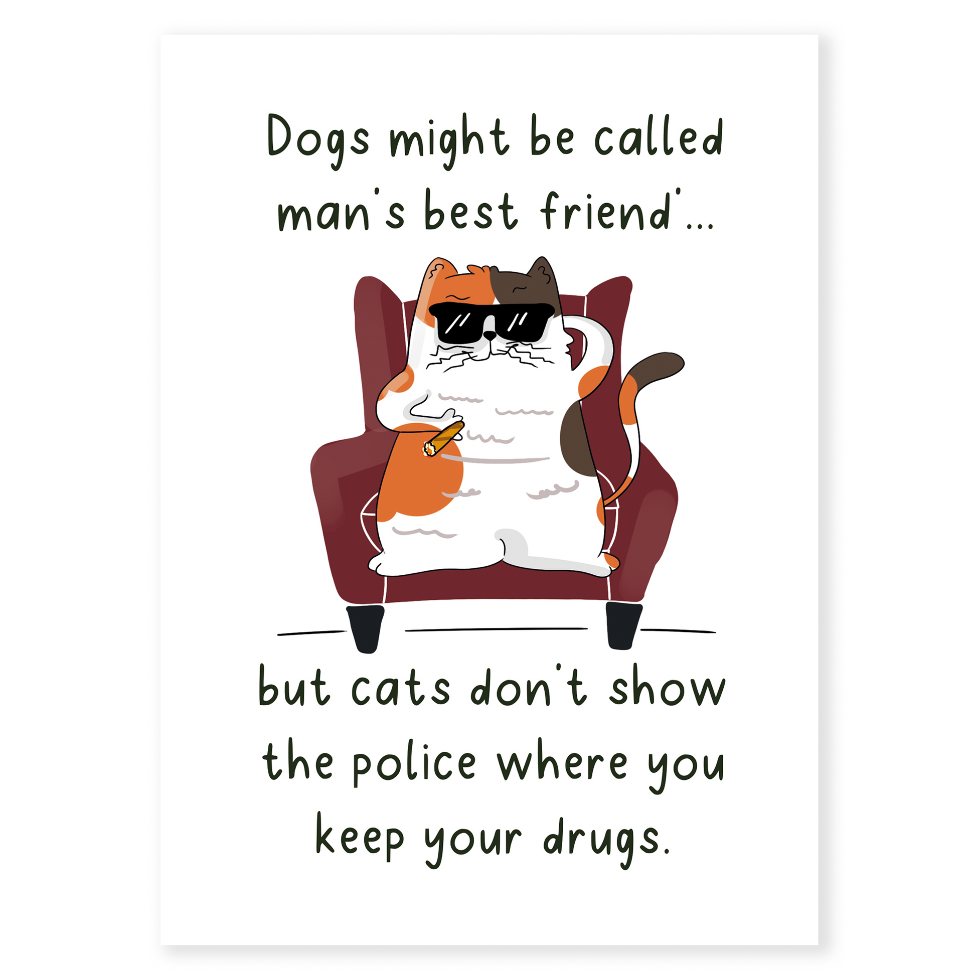 Funny illustrated greeting card featuring a relaxed cat wearing sunglasses and sitting confidently in a chair. The card includes humorous text comparing cats and dogs with a sarcastic tone, perfect for cat lovers who enjoy bold humor.