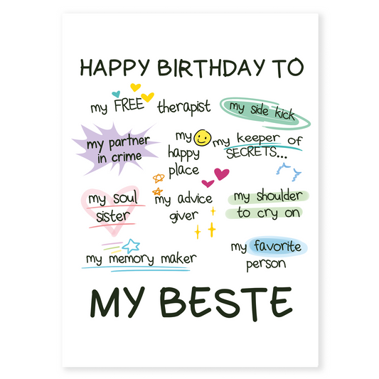 A heartfelt birthday card with colorful handwritten phrases celebrating friendship and love. The design highlights meaningful words like bestie, soul sister, and favorite person on a clean white background.