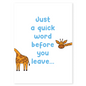 Cute greeting card with a playful giraffe illustration and blue typography on a white background. Features a friendly message that feels light, fun, and welcoming.