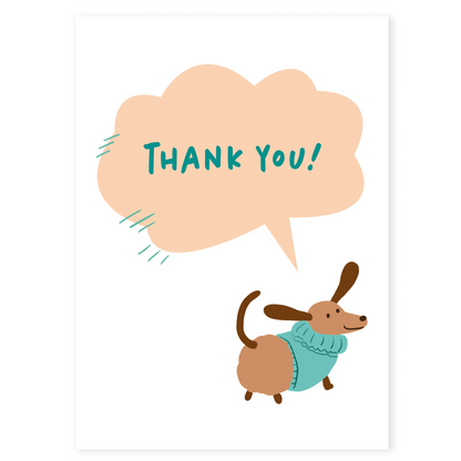 Cute thank you card featuring a dachshund wearing a cozy sweater with a thank you speech bubble. The illustration feels warm, friendly, and playful.