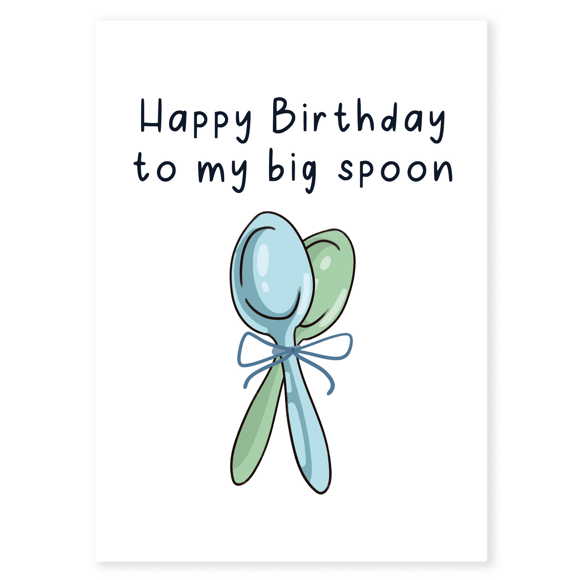 Birthday greeting card featuring a big spoon and little spoon illustration tied together. The artwork conveys warmth, love, and comfort in a lighthearted and charming way.
