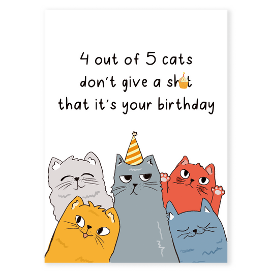 Cute yet sarcastic birthday card designed with expressive cats and minimal typography. A fun option for women who love cats and witty humor.