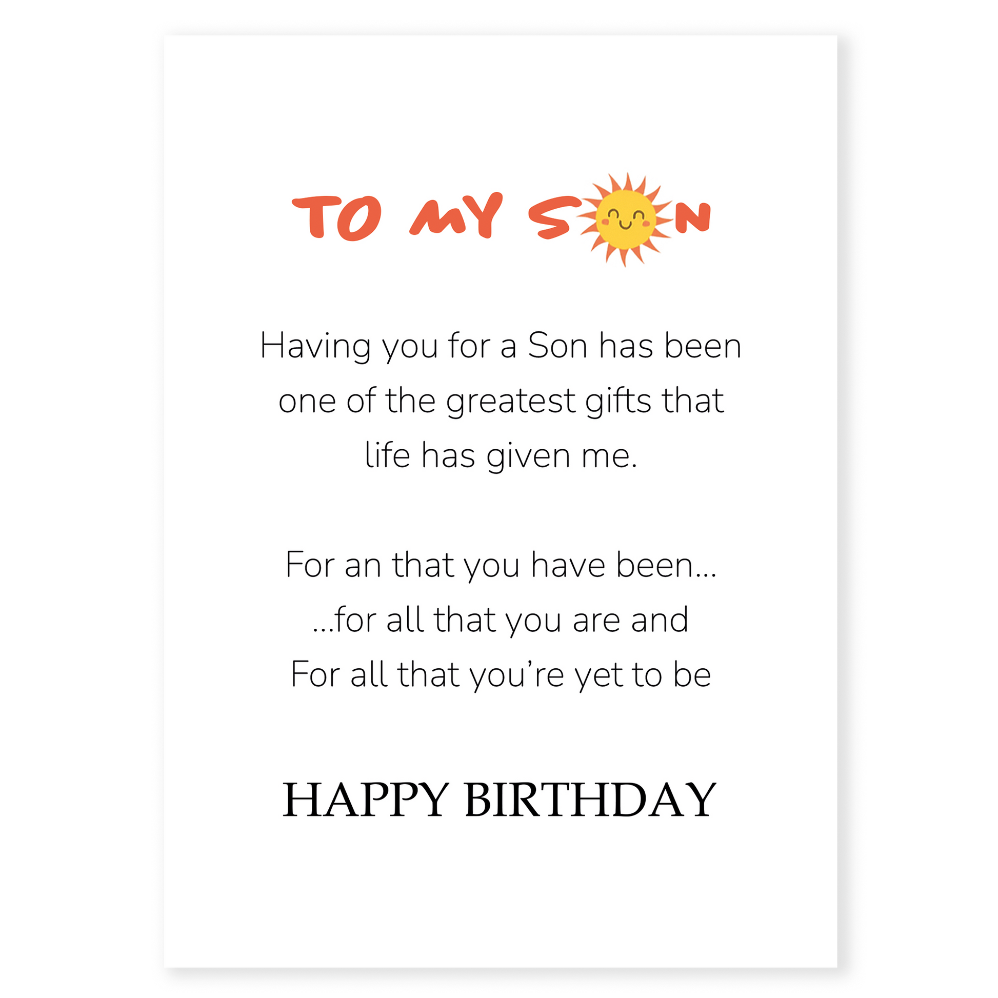 Birthday card for son featuring a clean white background with a warm message and a smiling sun illustration. The design expresses love, pride, and encouragement from a parent to their son.
