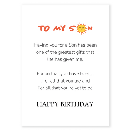 Birthday card for son featuring a clean white background with a warm message and a smiling sun illustration. The design expresses love, pride, and encouragement from a parent to their son.