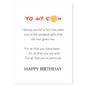 Birthday card for son featuring a clean white background with a warm message and a smiling sun illustration. The design expresses love, pride, and encouragement from a parent to their son.