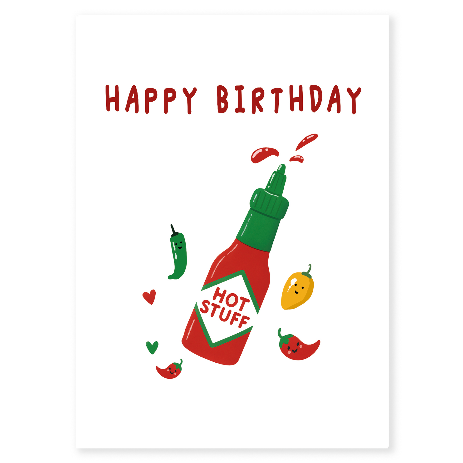 Spicy themed birthday greeting card with illustrated hot sauce and peppers floating around. The card gives off a bold, humorous vibe perfect for someone with a hot personality.