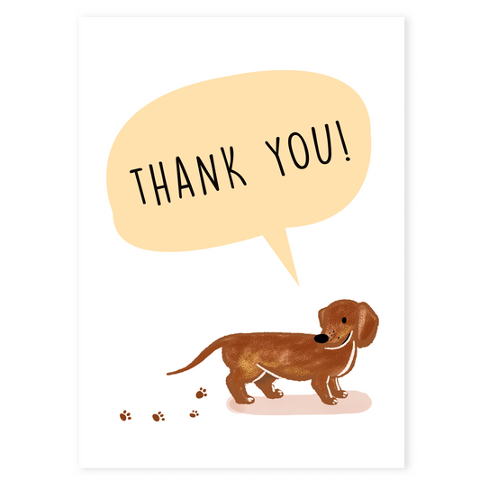 Cute thank you card featuring an illustrated brown dog with paw prints and a speech bubble that says thank you. The minimal design feels warm, friendly, and heartfelt.