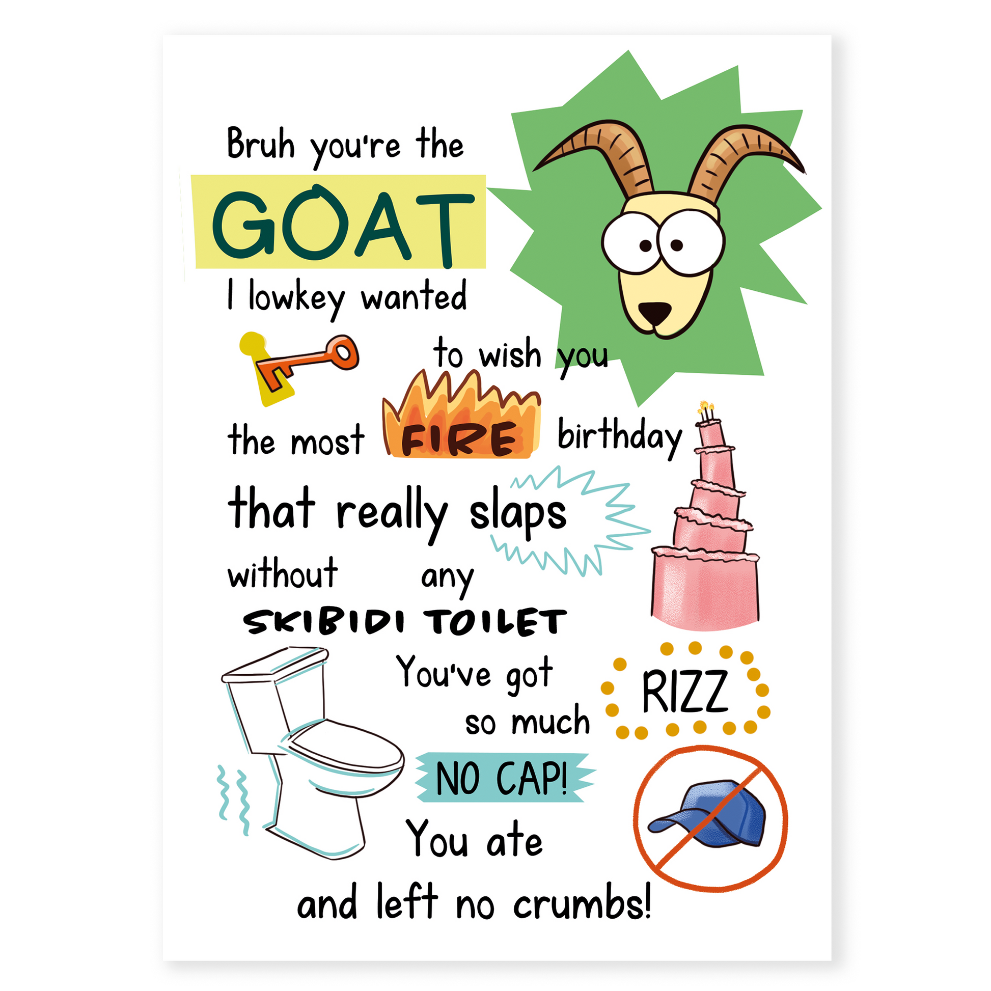 Funny birthday card featuring a cartoon goat and bold Gen Z slang phrases. Colorful illustrations and playful text create a modern, meme-inspired design.