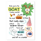 Funny birthday card featuring a cartoon goat and bold Gen Z slang phrases. Colorful illustrations and playful text create a modern, meme-inspired design.