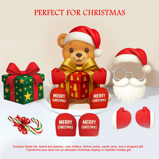 Christmas-themed bear with Santa hat, presents, and festive accessories on a white background.