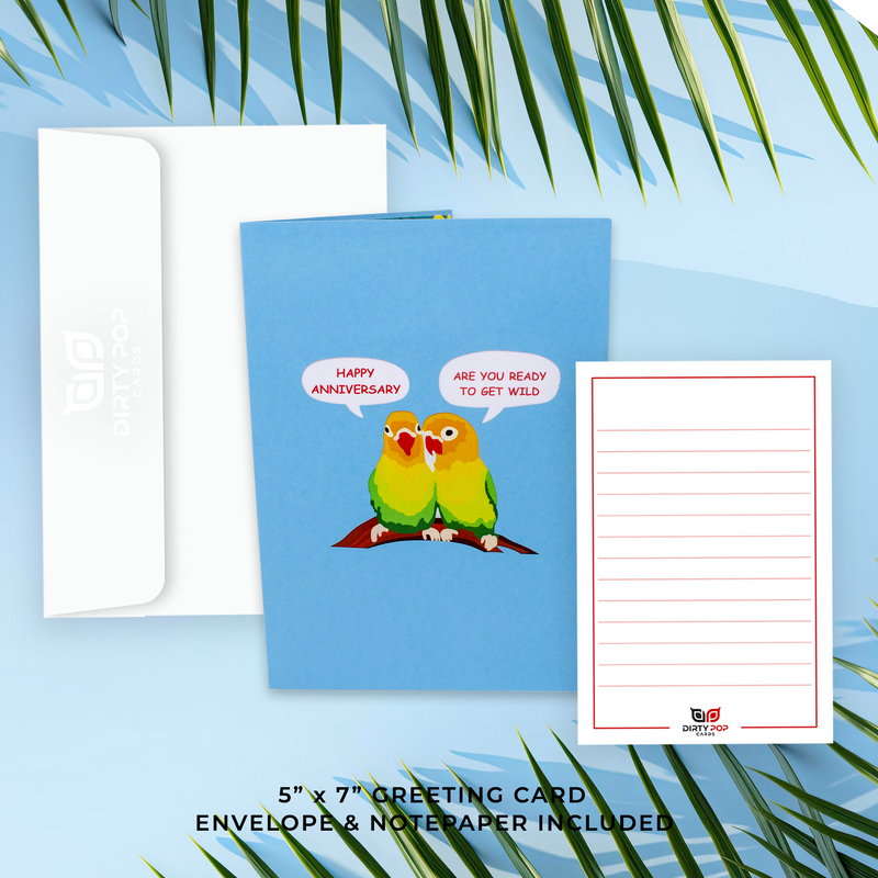 Funny Anniversary Pop Up Greeting Card: Two Love Birds in a playful pose, celebrating their love.