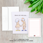  A cute cartoony couple holding hands on a card, expressing their desire to grow old together.