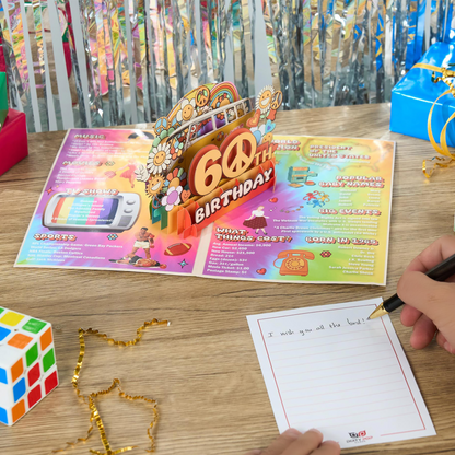 60th Birthday party game set up on a table with colorful decorations.