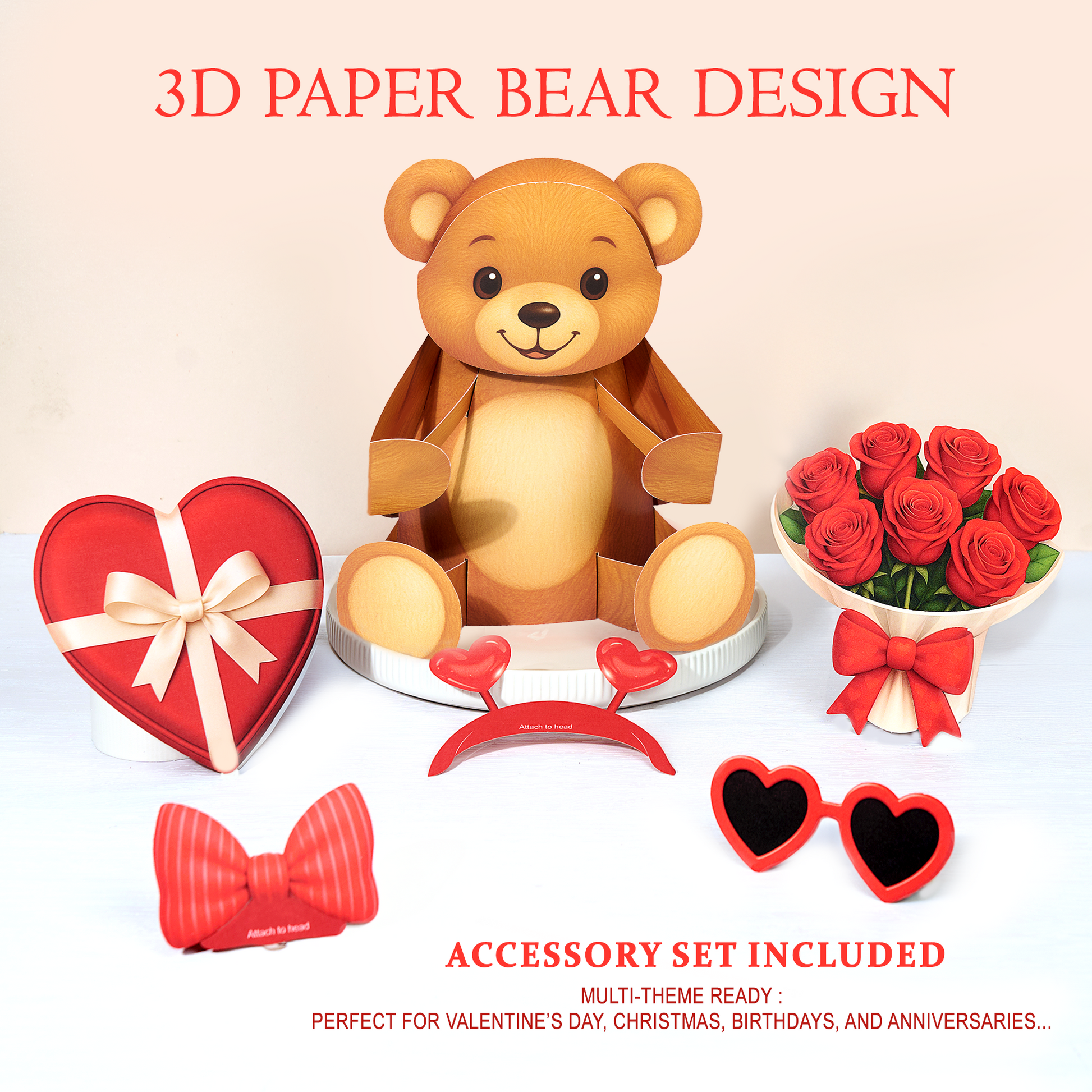 3D paper bear design with accessories on a white background