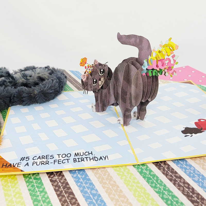 Celebratory card with a gray tabby cat covered in confetti, saying "#5 cares too much. Have a purr-fect birthday!".
