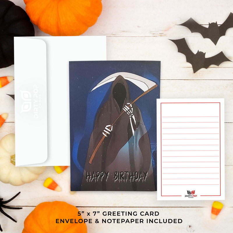 Happy birthday card with a friendly grim reaper holding a scythe, wishing you a hauntingly good time!
