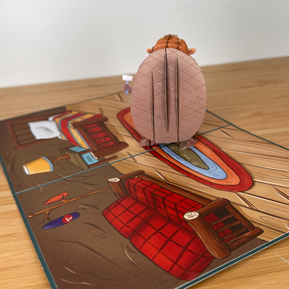 A beavertastic pop-up card: A beaver rocking a shaver, proudly displaying a shaved heart on its belly!