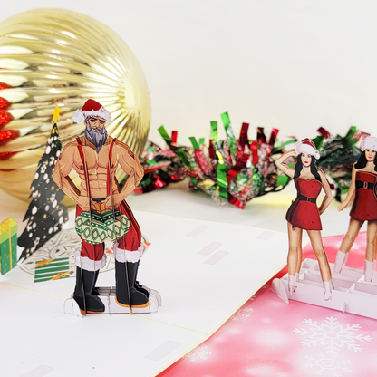 This hilarious Christmas card features a charming Santa, dressed in his iconic suit, next to a festive tree. Don't miss the comical ornaments he's holding!