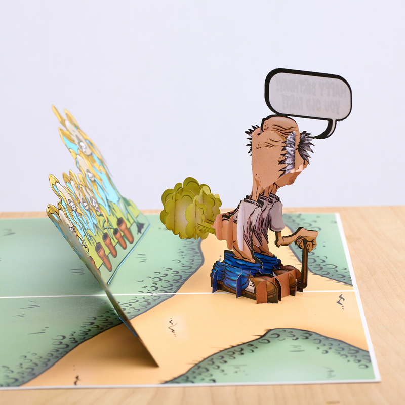 Hilarious pop-up birthday card featuring a cartoon man in a field, surrounded by wilted sunflowers.