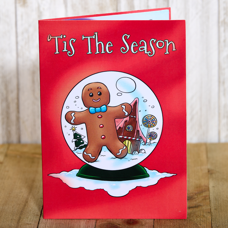 funny christmas greeting card of gingerbread man in a snowglobe, tis the season