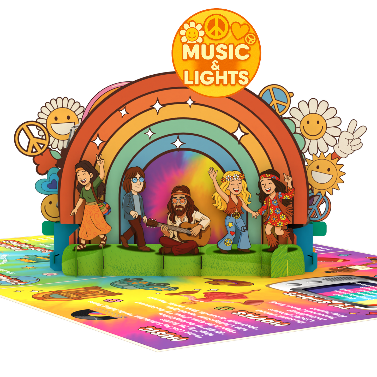 Colorful stage with cartoon characters, rainbow, and 'Music & Lights' sign on a white background