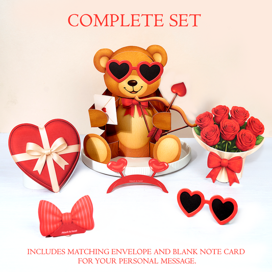 Valentine's Day-themed set with teddy bear, roses, and accessories on a white background