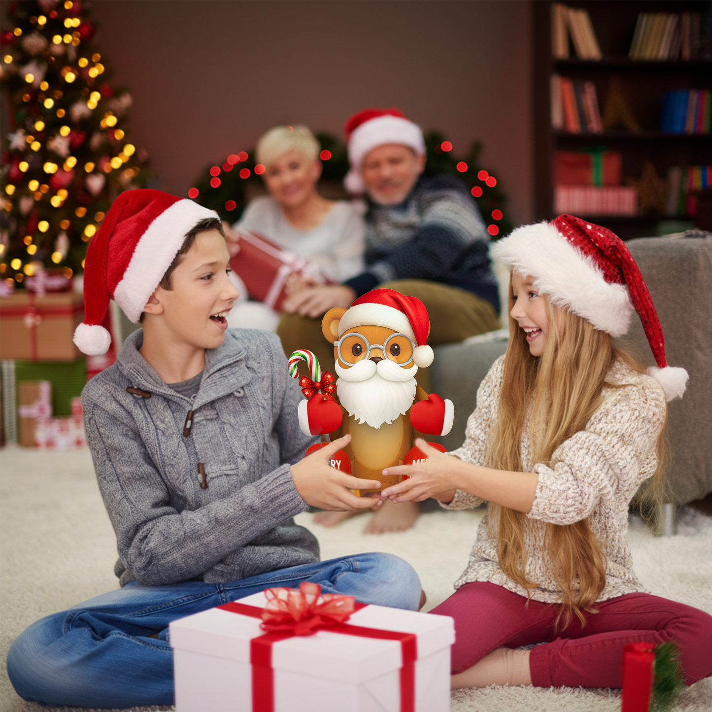 Two children wearing Santa hats exchanging a toy in a festive living room with Christmas decorations.