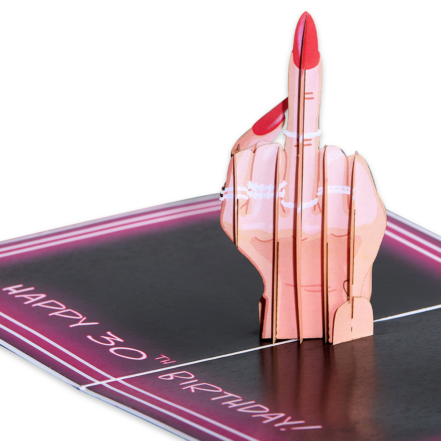 Humorous 30th birthday card with a pop-up of a hand sporting long nails, making an offensive gesture. Text says, Happy 30th Birthday!