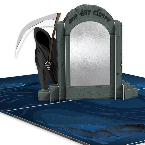 Funny birthday card with Grimp Reaper hiding behind a tombstone, holding a scythe. Engraved text: One day closer.
