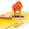 A pop-up card with a fiery background and a couple kissing. The card features an online dating theme with two matchsticks holding hands in a matchbox, accompanied by the text "And found my perfect match."