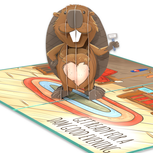 Funny pop-up anniversary card: Beaver pop up with a shaver, showcasing a shaved heart on its belly.