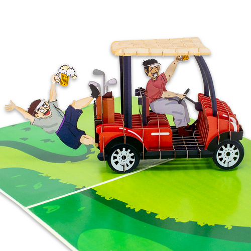 In a comical pop-up card, two men can be seen happily driving a red golf cart, sharing laughter and celebration.