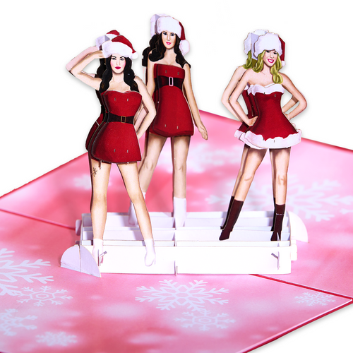 Three beautiful women in Santa hats, posing for a funny Christmas card as Ms. Santa. Spread the holiday cheer with this festive image!
