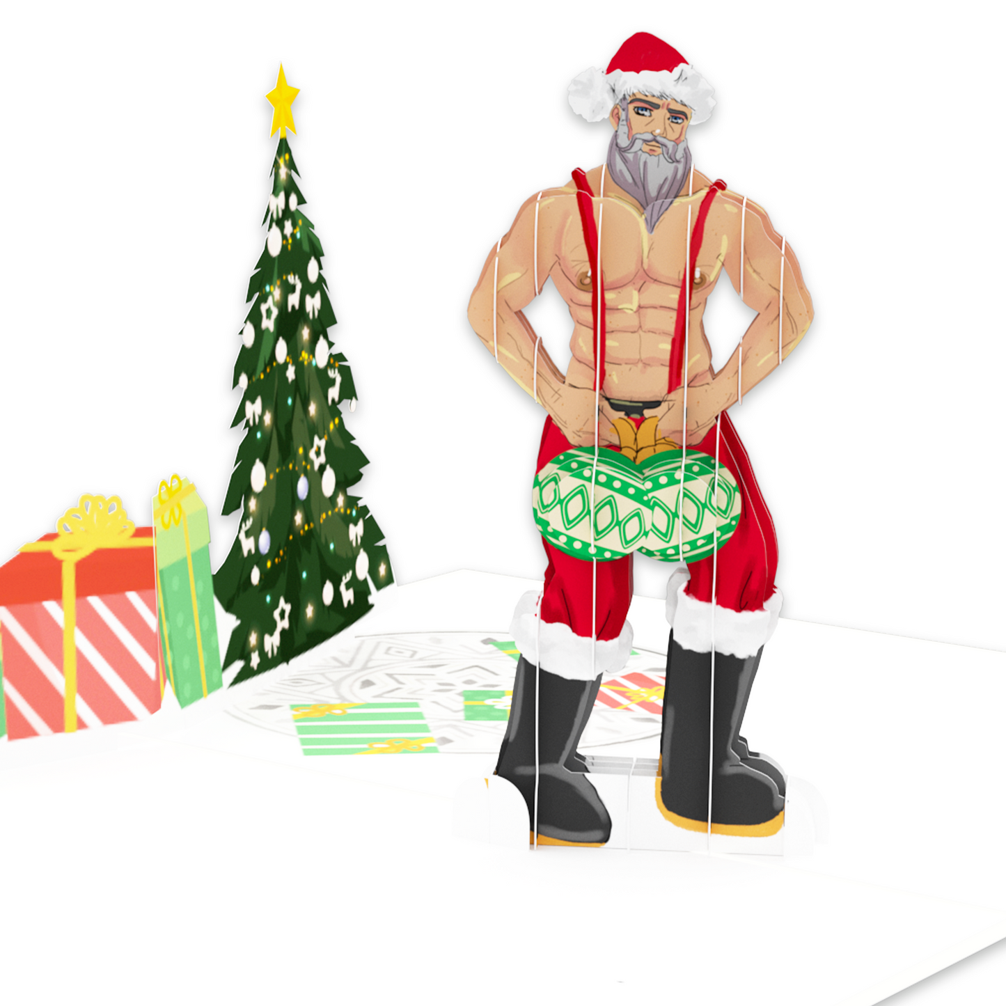 Look at this funny Christmas card featuring a Santa Claus with two big ornaments, standing beside a festive tree. Ho ho ho!