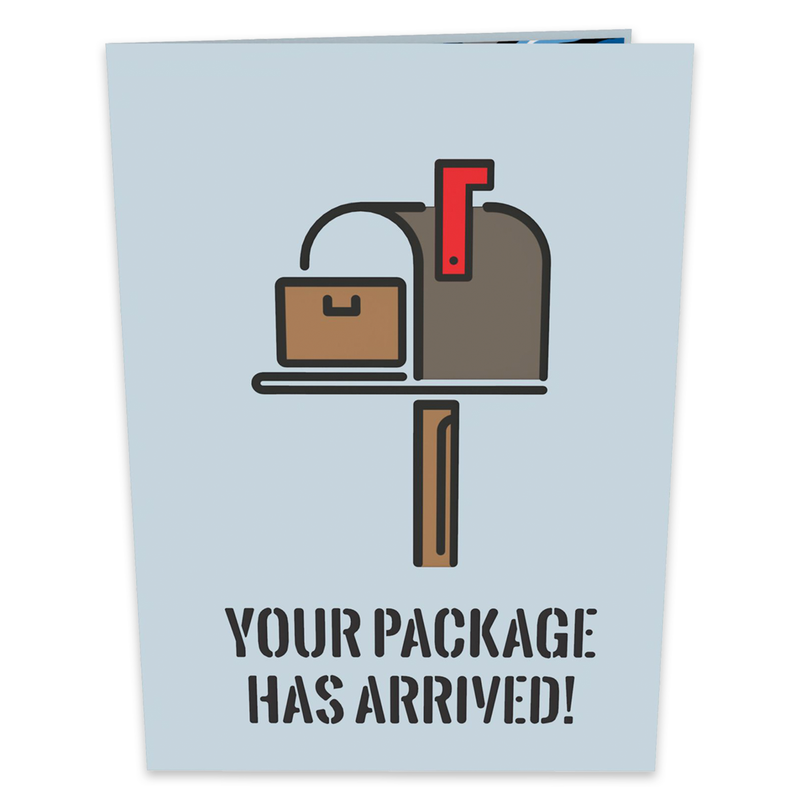 A greeting card with a light blue background featuring an illustration of a mailbox with a package inside and the text YOUR PACKAGE HAS ARRIVED! in bold black letters