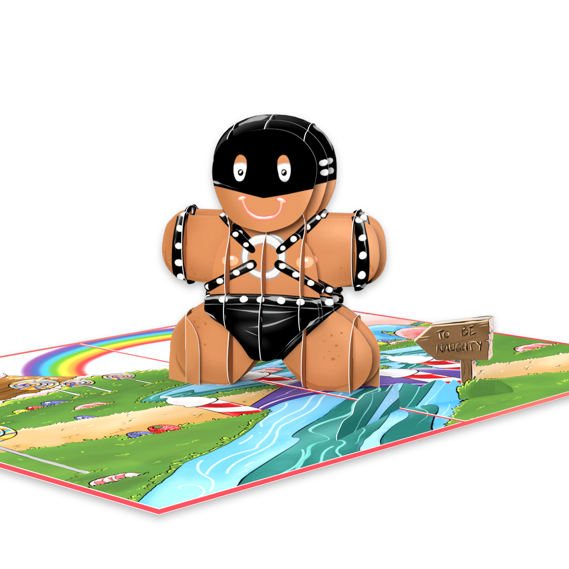 pop up funny christmas card of gingerbread man wearing latex for the holidays, tis the season