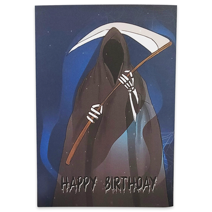 A birthday card with a surprising twist! A cheerful grim reaper holding a scythe. Celebrate life with a touch of humor.
