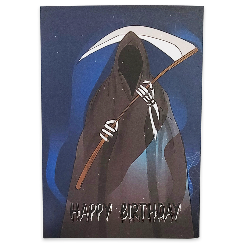A birthday card with a surprising twist! A cheerful grim reaper holding a scythe. Celebrate life with a touch of humor.