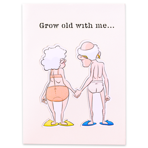 A hilarious anniversary card featuring an elderly couple holding hands, gazing lovingly into each other's eyes.