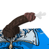 A 3D pop-up card featuring a humorous, stylized depiction of an exaggerated object resembling a sausage or cartoonish figure, emerging from a blue background with illustrated fabric details